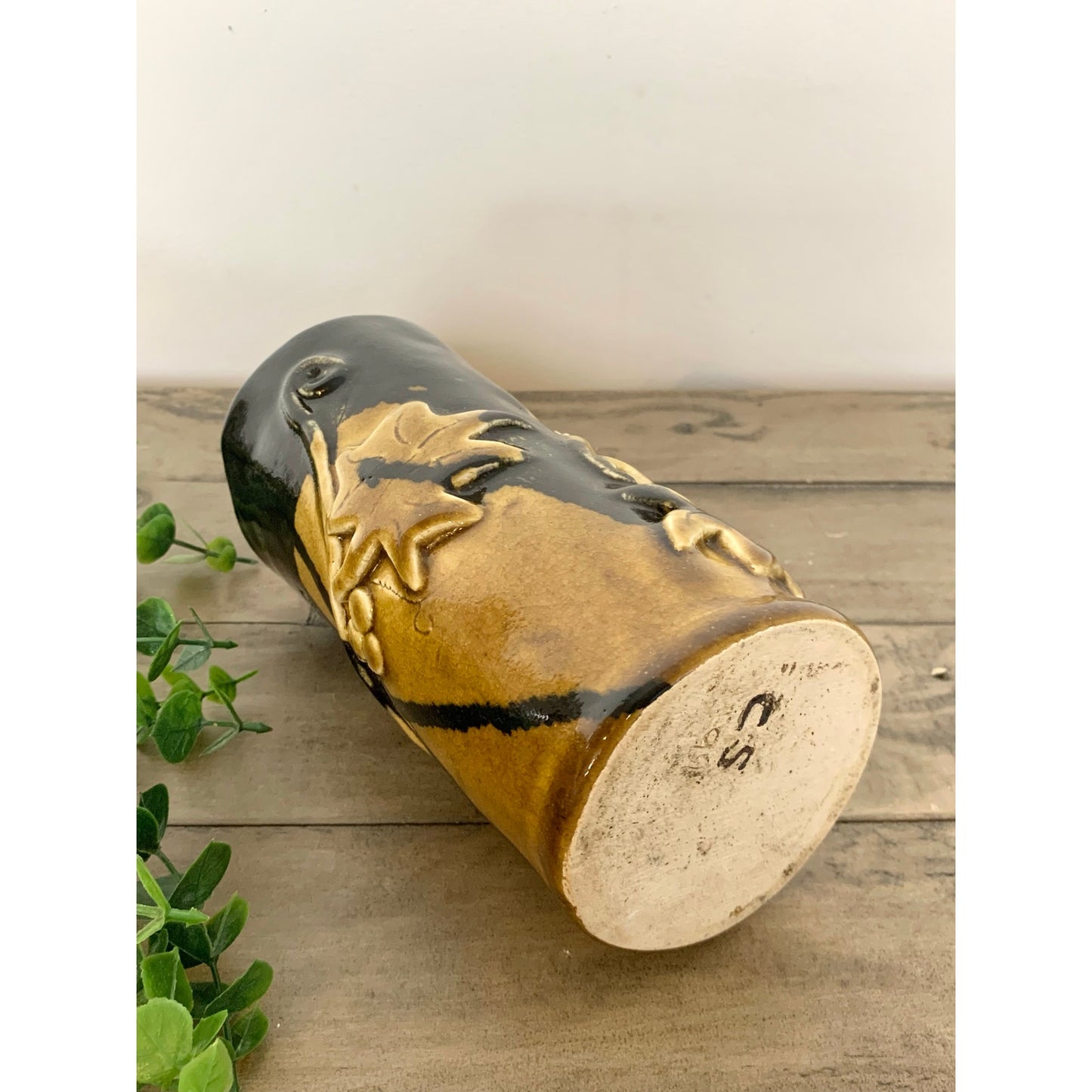 Vintage Black and Gold Ceramic Vase with Raised Vine and Leaf Design – Rustic Studio Pottery