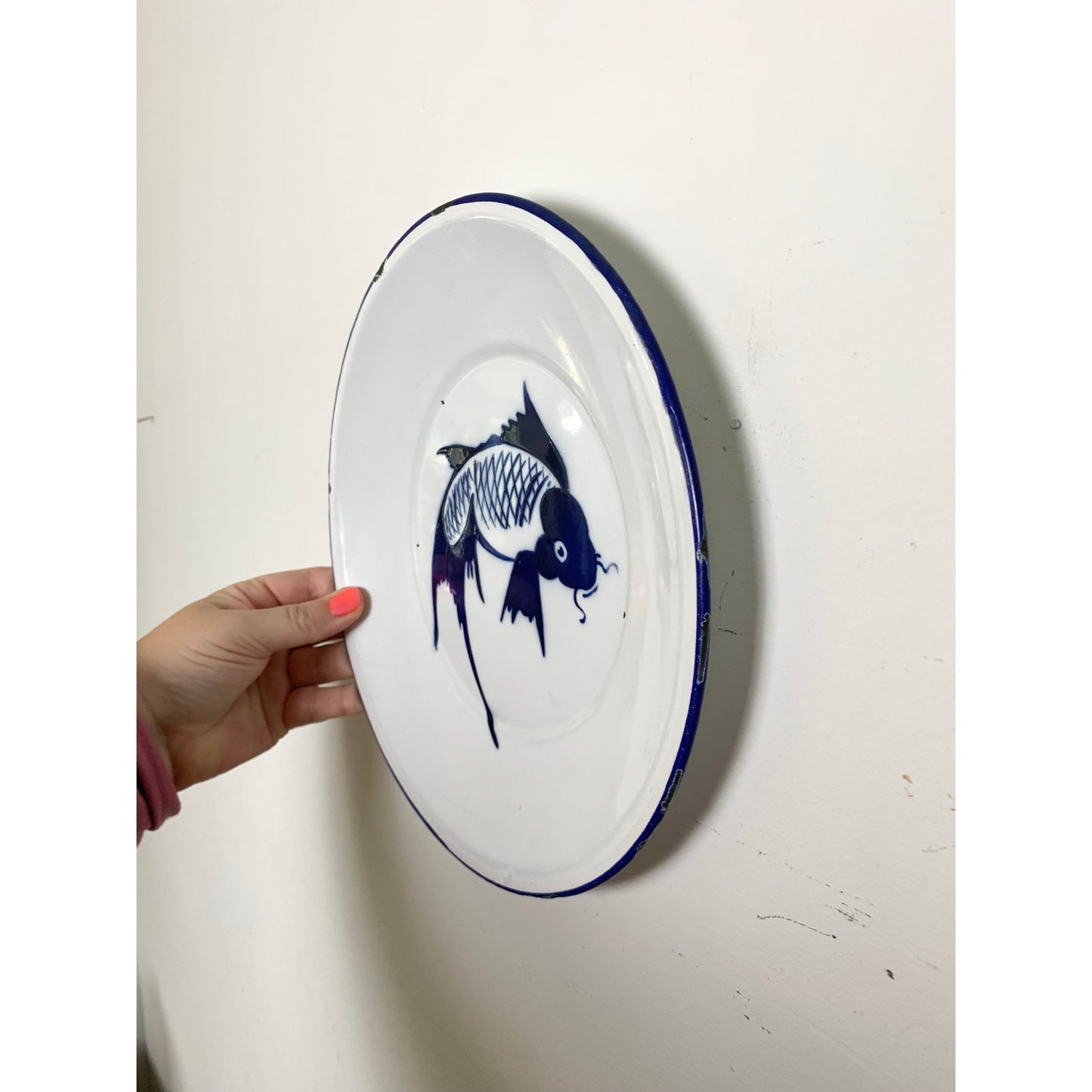 Vintage Butterfly Brand Enamelware Plate Blue Koi Fish Farmhouse Chinoiserie