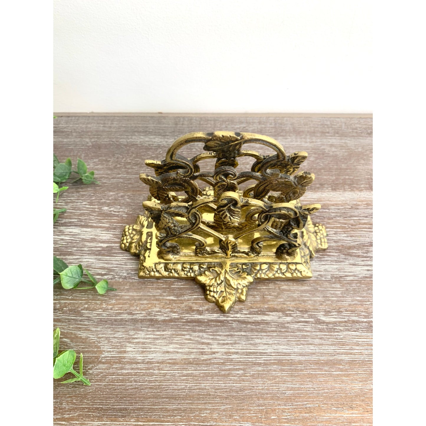 Antique Brass Mail Holder Made in England Napkin Letter Vintage Ornate Organizer