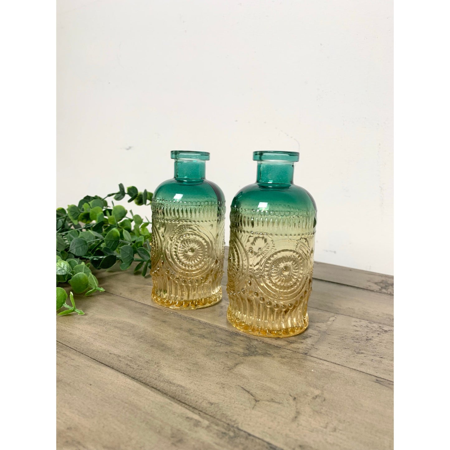 Vintage Style Ombre Green Amber Glass Bud Vase Set Pair Textured Boho Coastal