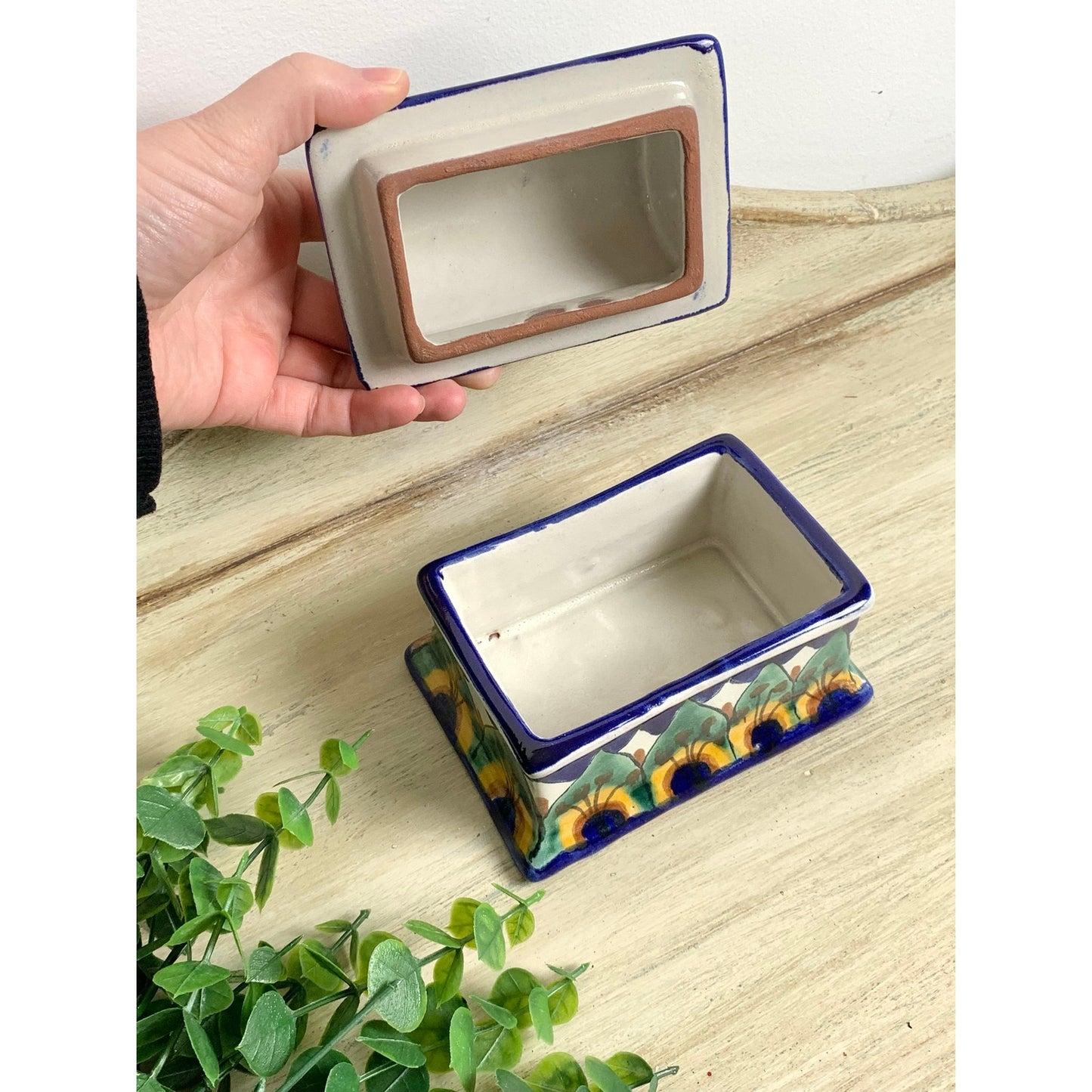 Vintage Mexican Talavera Style Ceramic Lidded Box Hand Painted Pottery Trinket Dish
