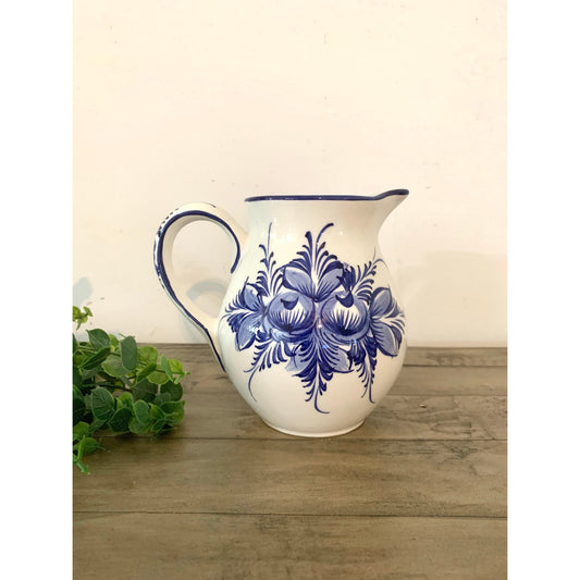 Vintage Blue & White Floral Pitcher Hand Painted Portugal Ceramic Vase Cottage