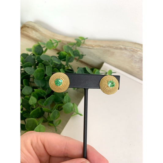 Vintage Gold Tone Clip On Earrings Green Rhinestone Textured Retro Statement