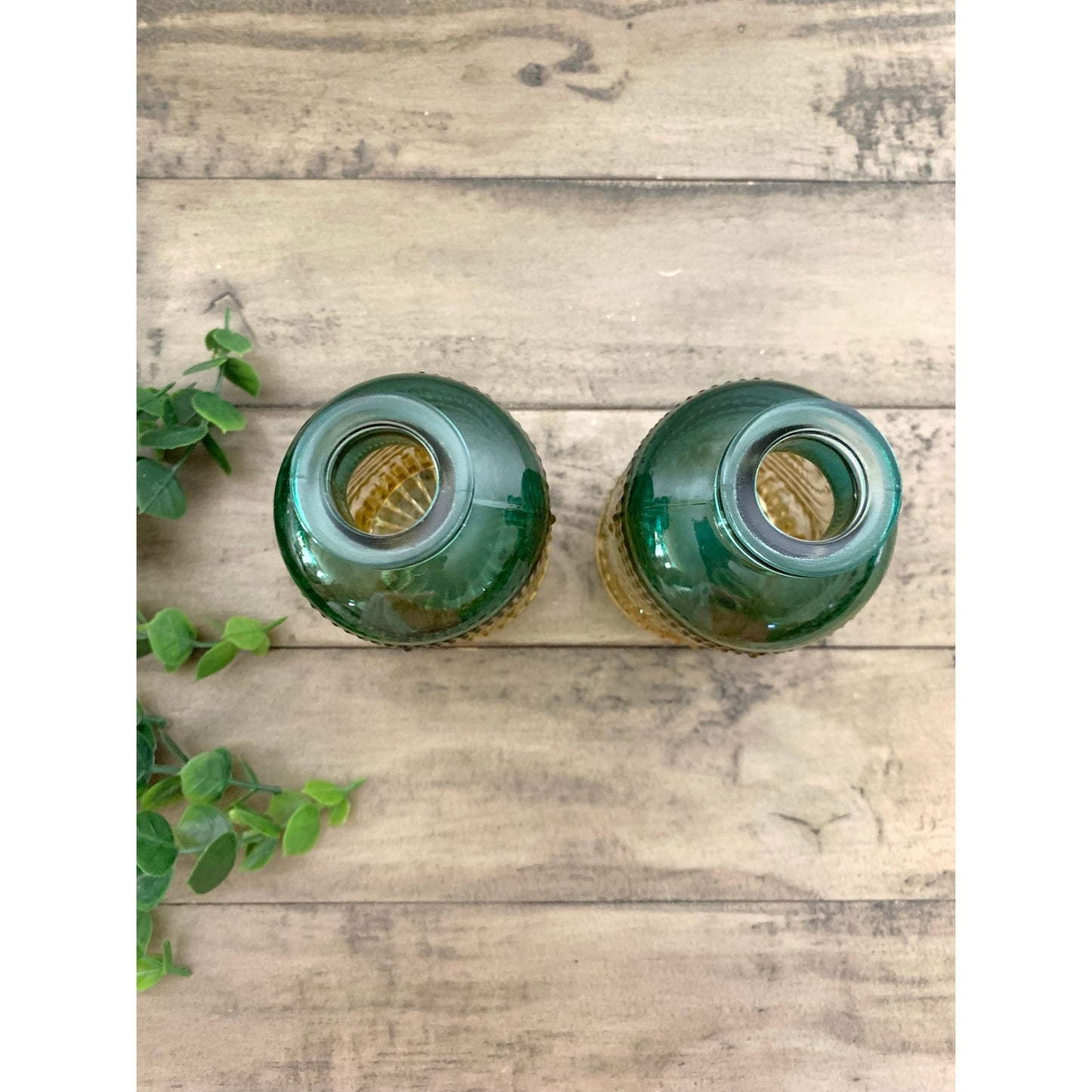 Vintage Style Ombre Green Amber Glass Bud Vase Set Pair Textured Boho Coastal