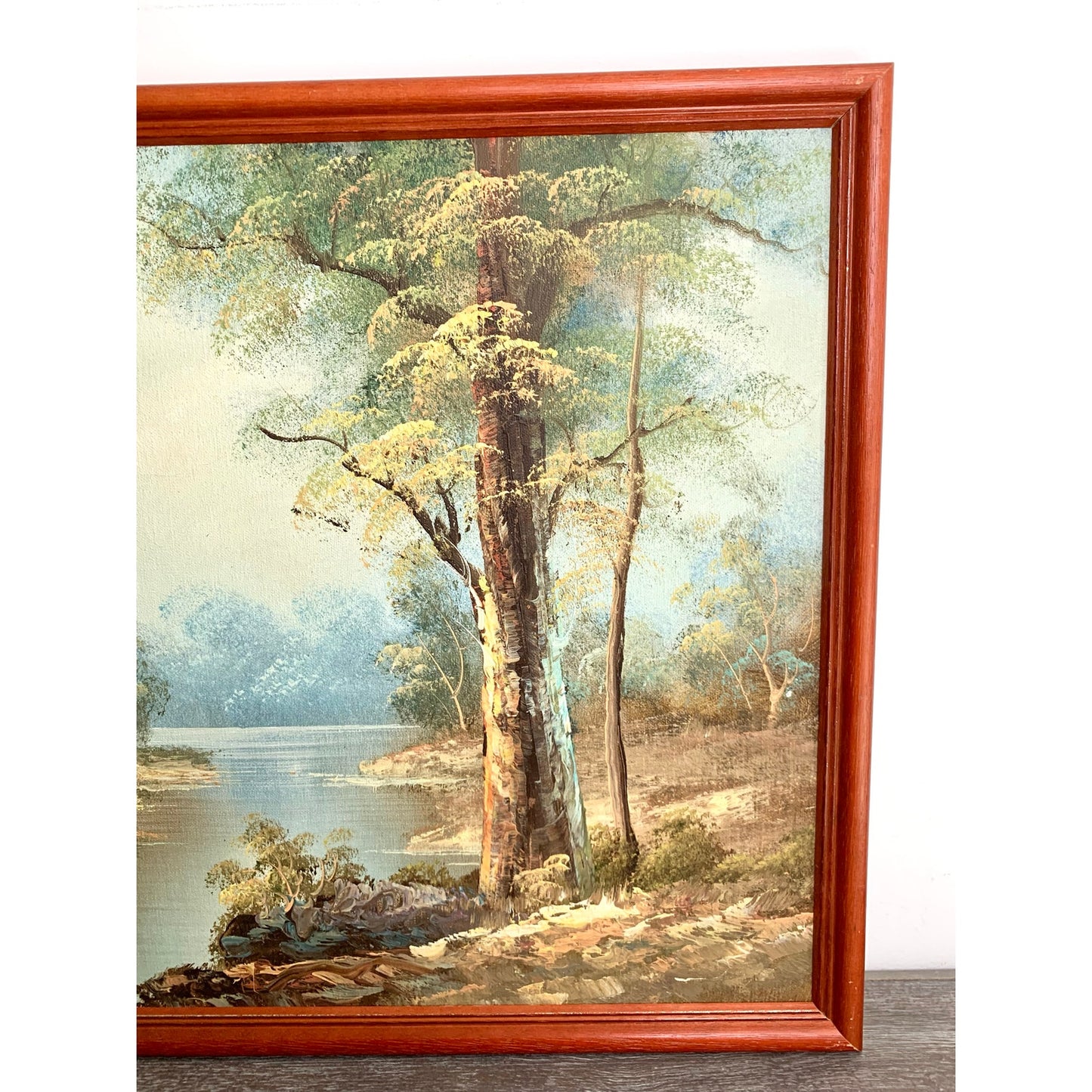 Vintage Riverside Landscape Oil Painting by Taylor Signed Framed Nature Scene