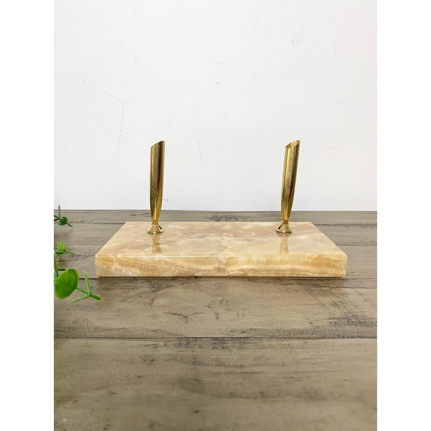 Vintage Onyx Stone Double Brass Pen Holder Desk Stand Office Old Money Academia