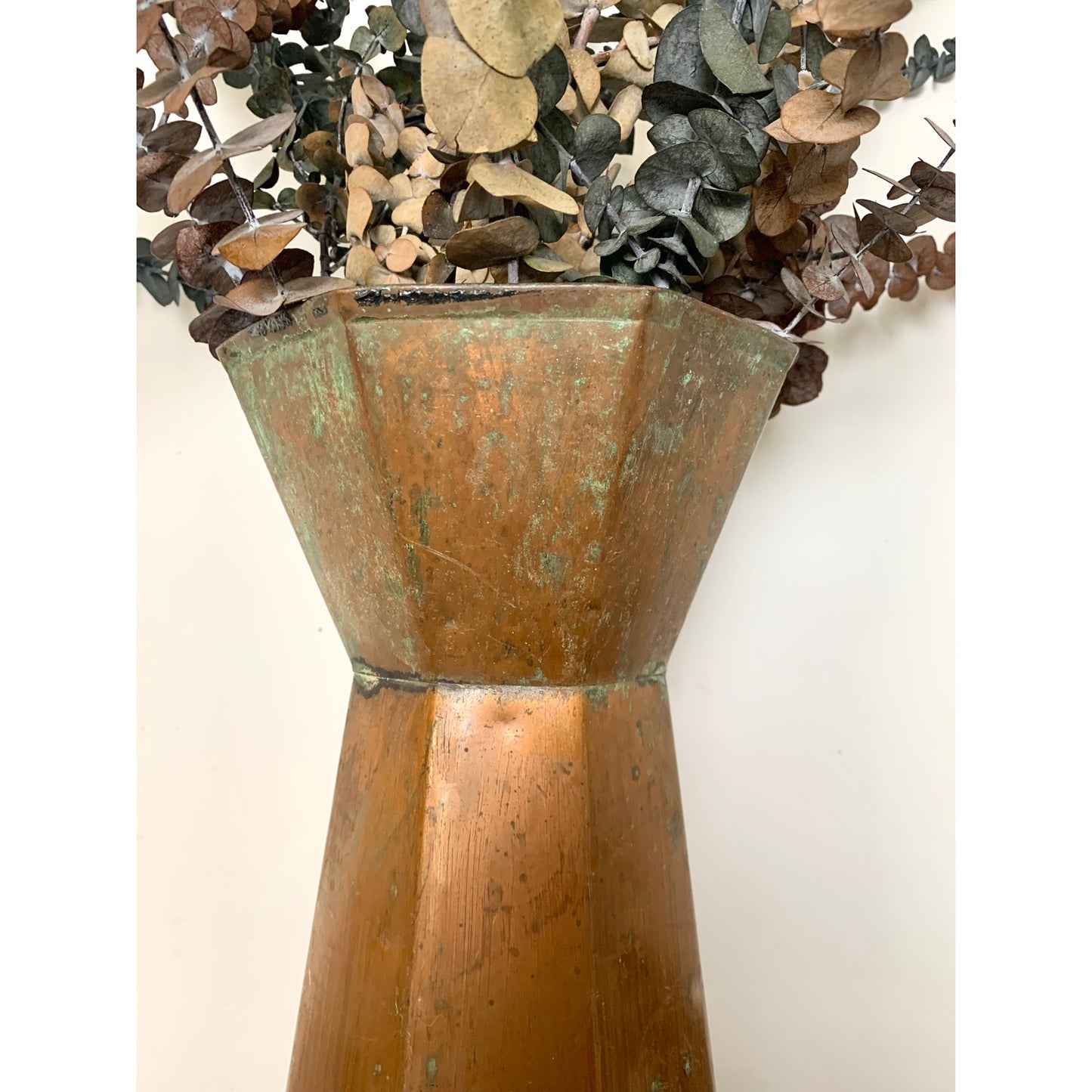 Vintage Copper Vase with Natural Verdigris Patina Large Statement Vessel Rustic