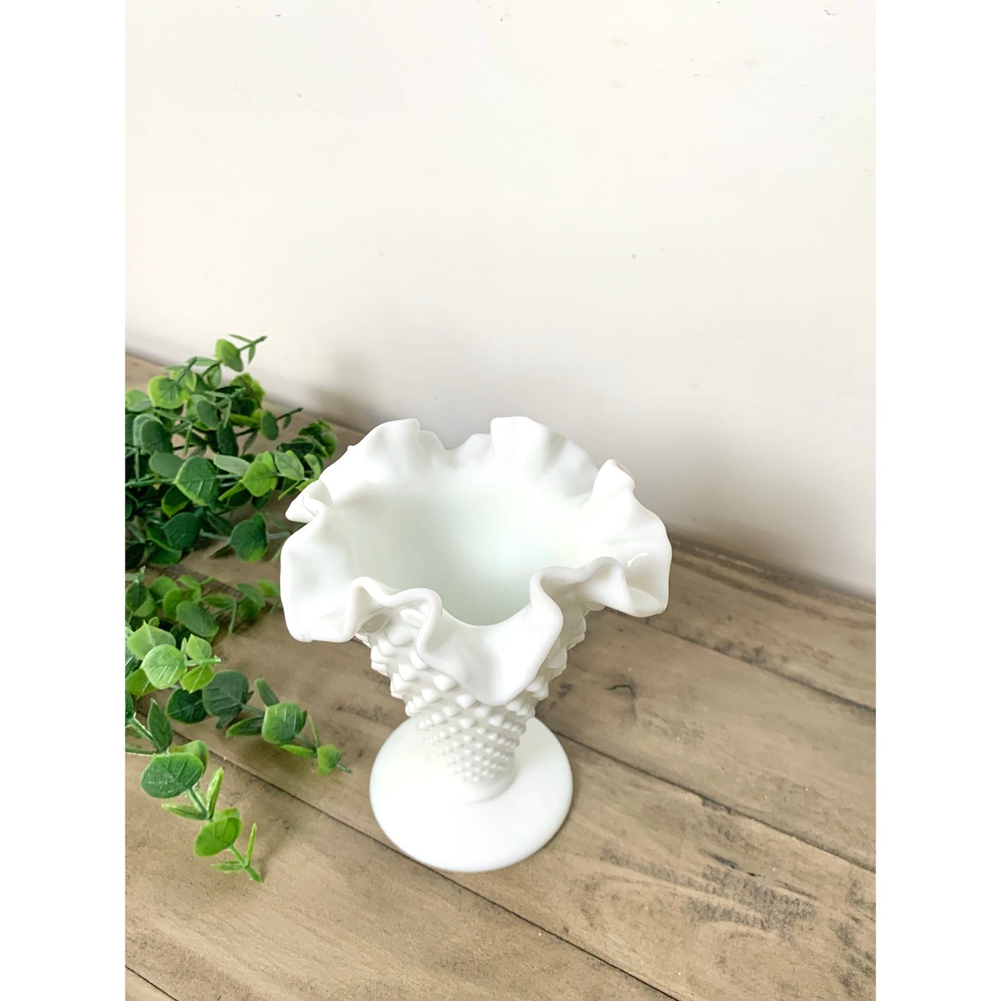 Vintage Fenton Hobnail Milk Glass Pedestal Vase with Fluted Rim Small White Vase