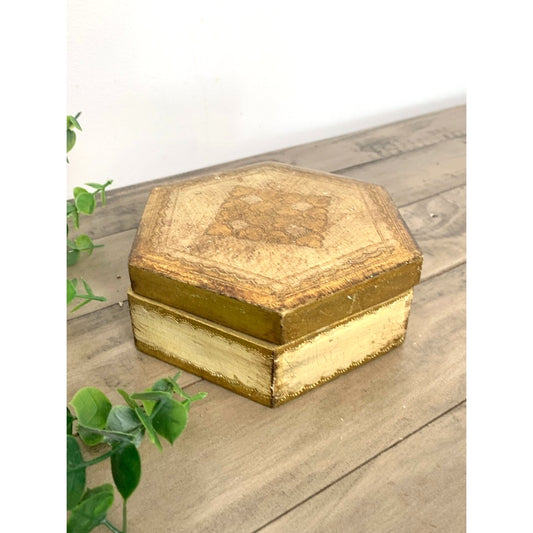 Vintage Florentine Gold Giltwood Box Made in Italy Hexagon Trinket Box Old World Regency