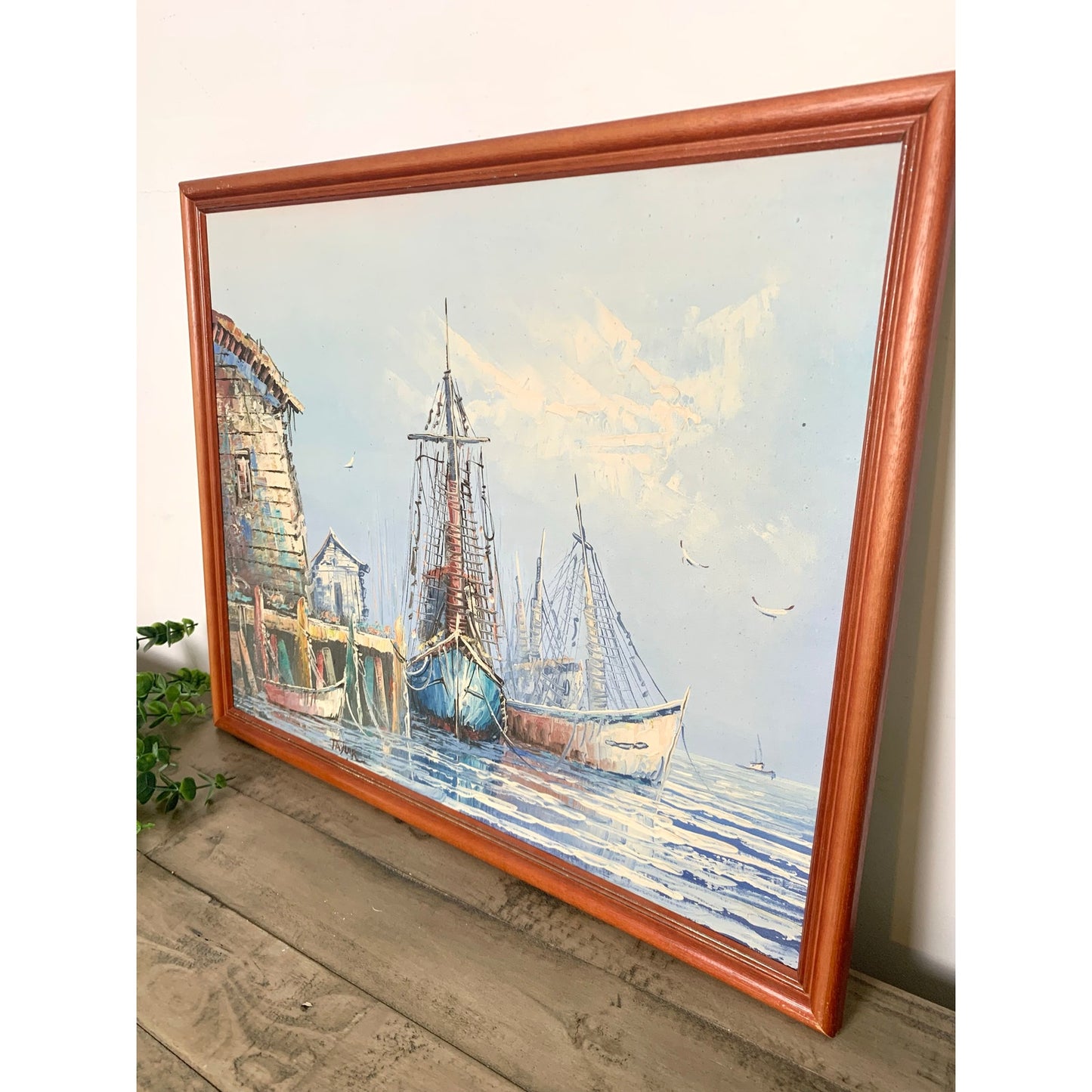Vintage Oil Painting on Canvas Nautical Art Harbor with Boats Signed Seascape