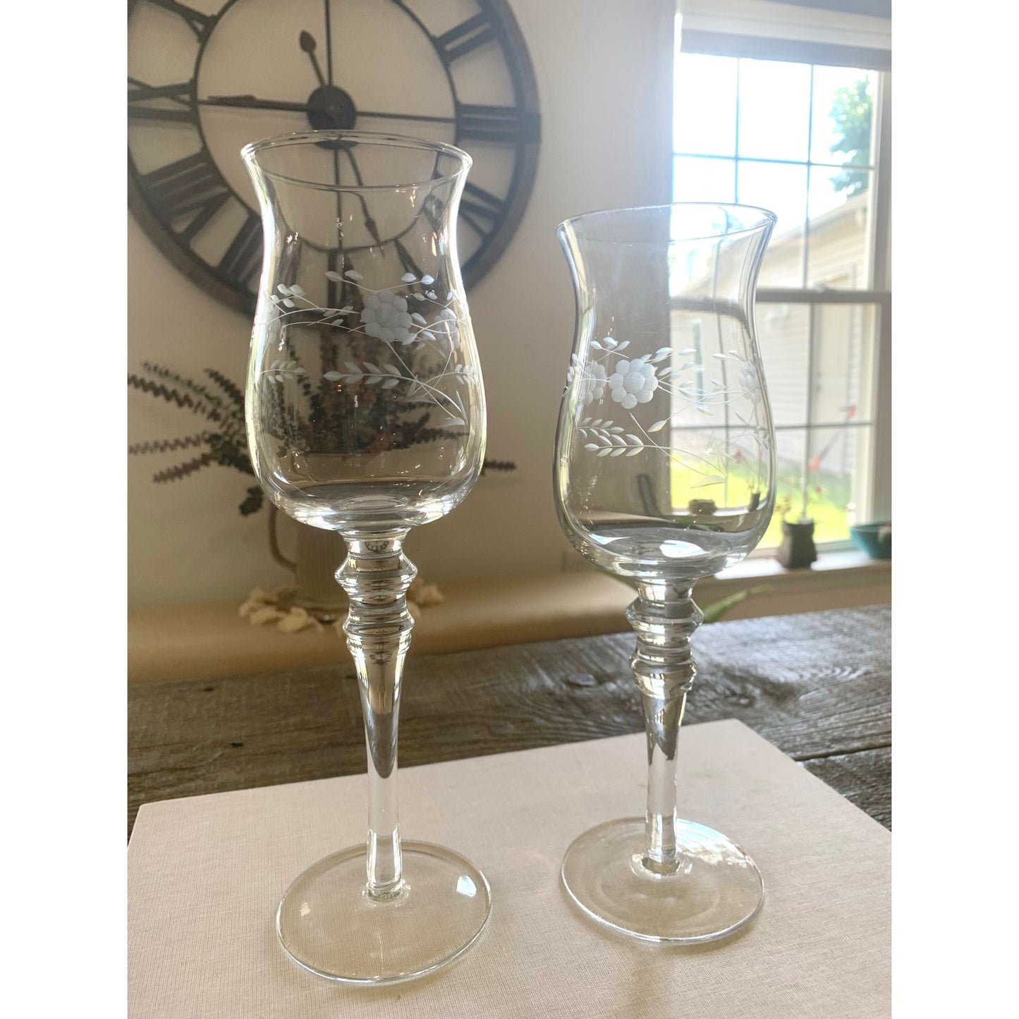 Vintage Princess House Etched Glass Hurricane Candle Holders – Floral Design, Set of 2