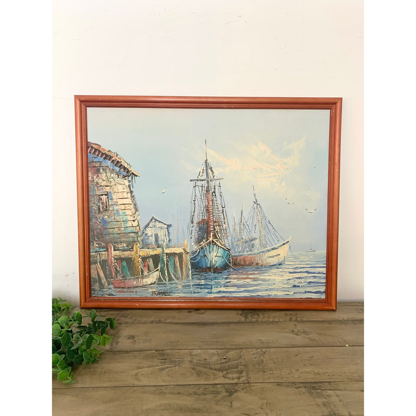 Vintage Oil Painting on Canvas Nautical Art Harbor with Boats Signed Seascape