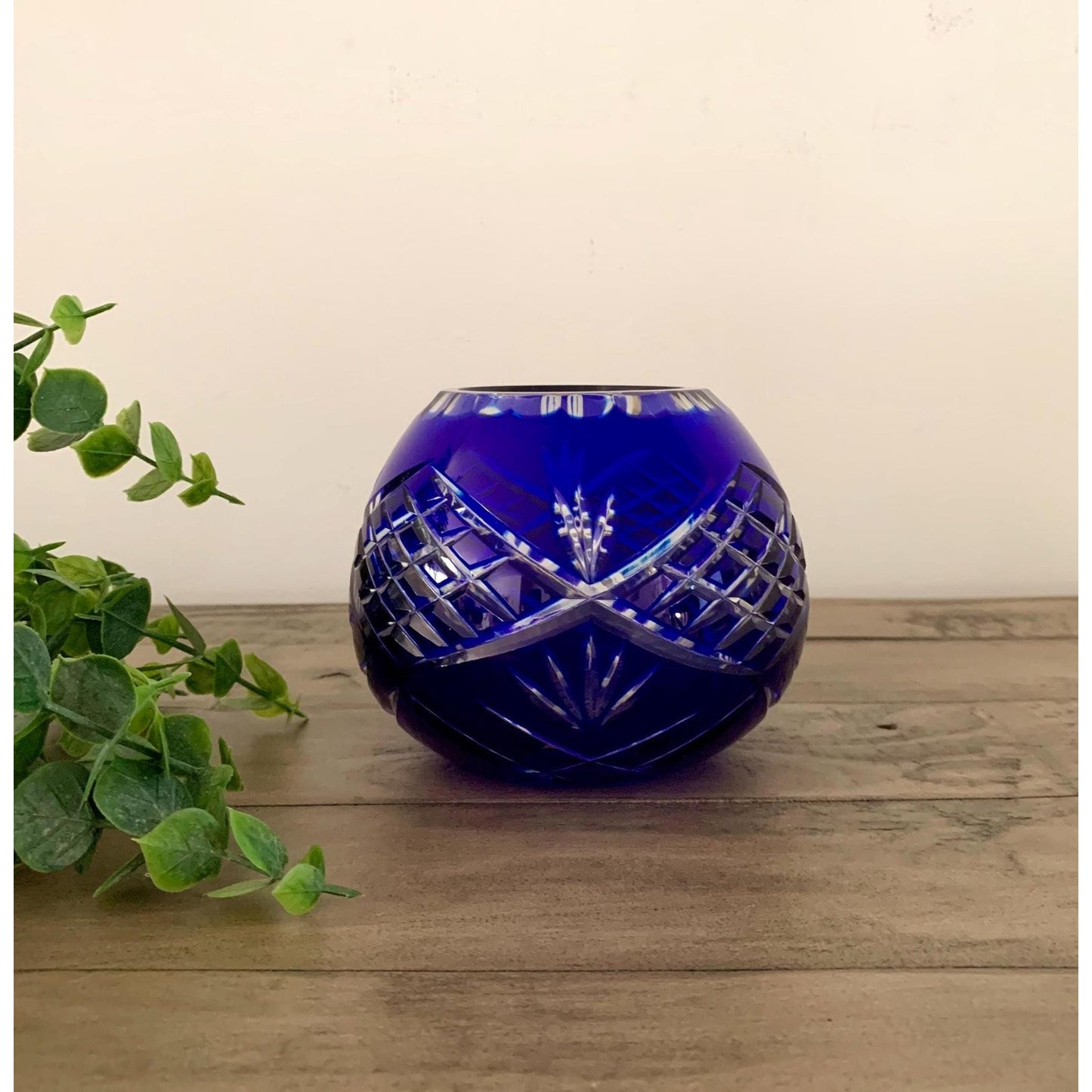 Vintage Cobalt Blue Cut to Clear Crystal Candle Votive Vase