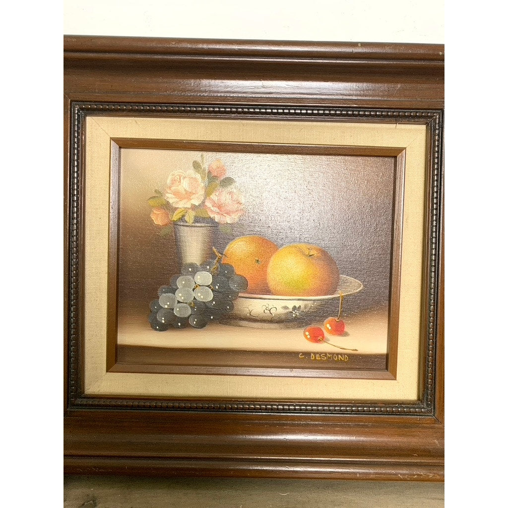 Vintage Still Life Oil Painting Signed C. Desmond, Framed Fruit & Floral Art