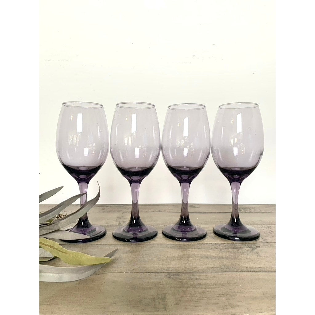 Vintage Amethyst Purple Wine Glasses Set of 4 Mid Century Stemware Bar Feminine