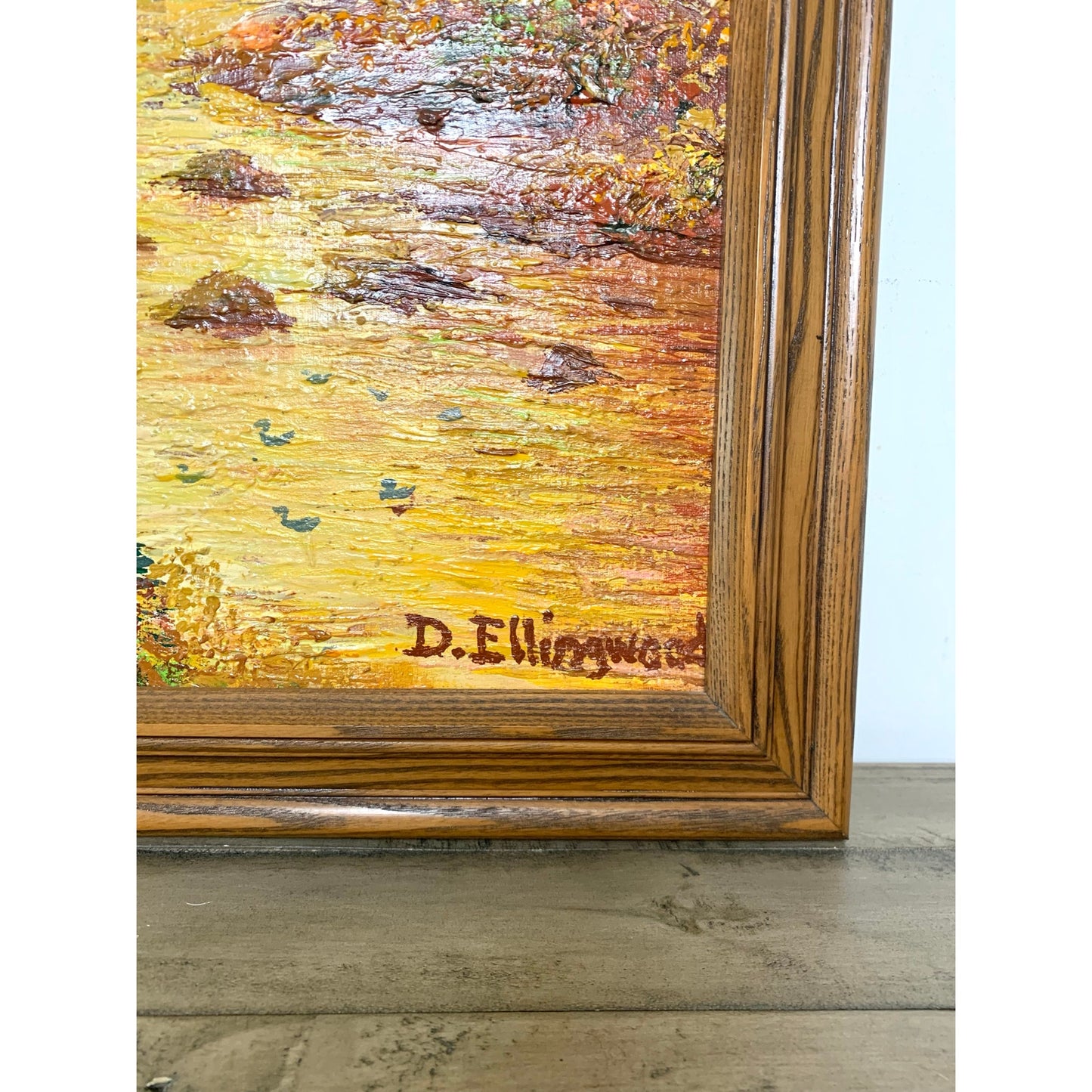 Vintage Oil Painting on Canvas by D. Ellingwood, Framed Autumn Landscape, 28x22