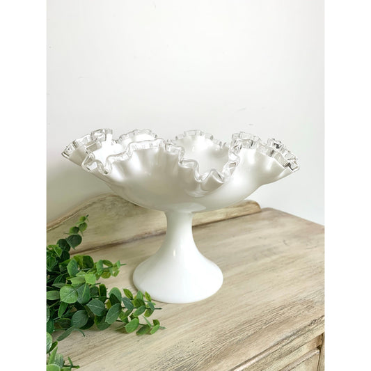 Vintage Fenton Silver Crest Large Pedestal Compote Milk Glass Ruffled Bowl Cottagecore