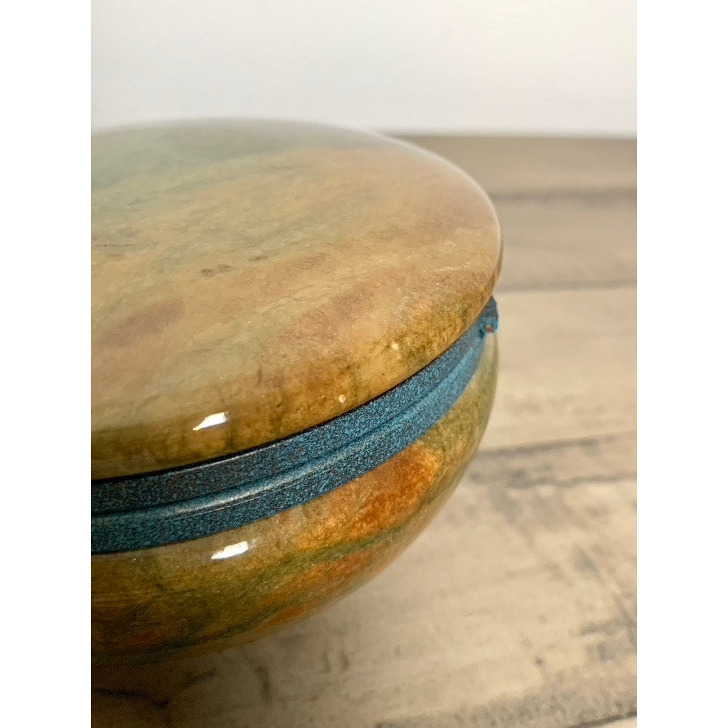 Vintage Alabaster Trinket Jewelry Box Hinged Earthy Green Brown Veining Stone