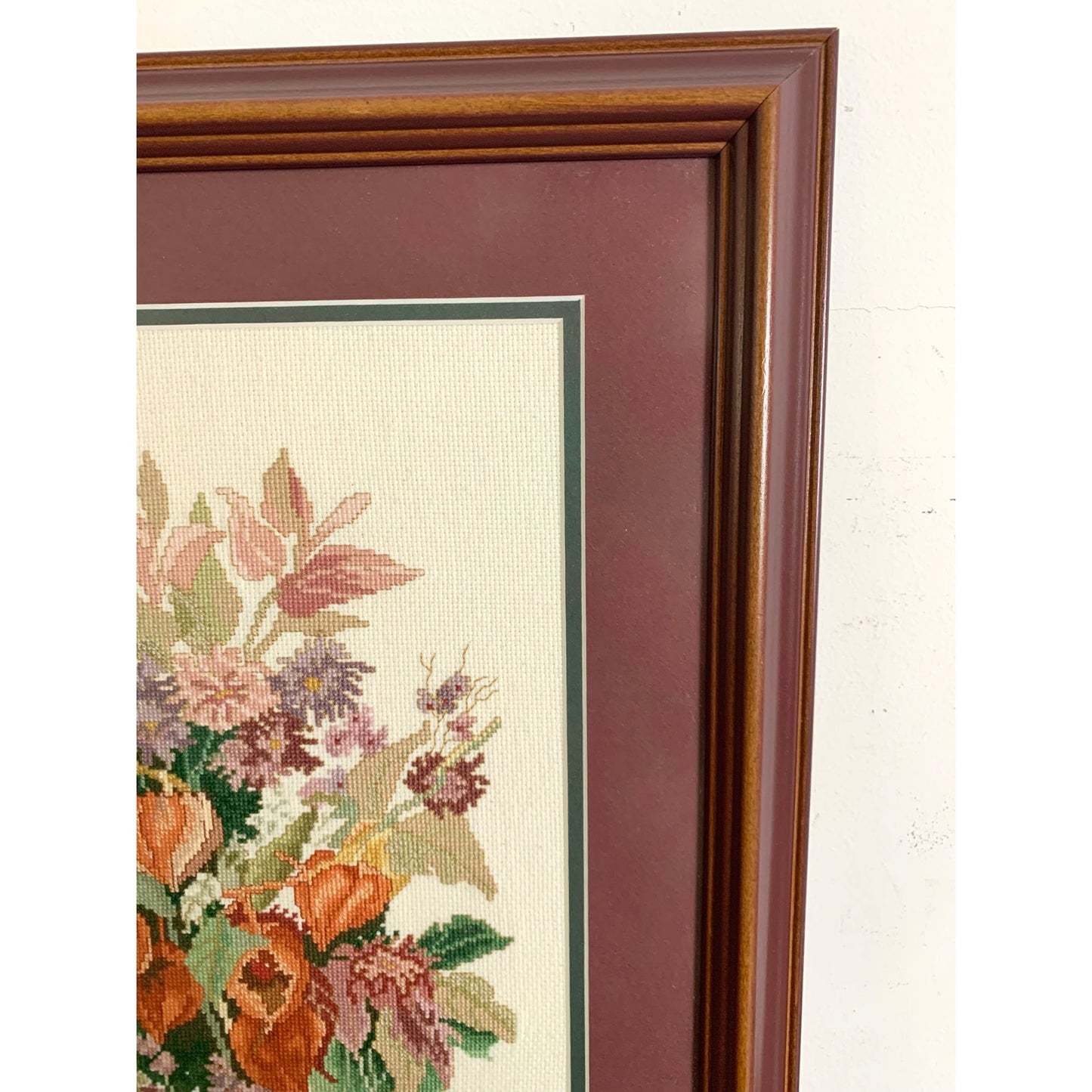 Vintage Framed Floral Needlepoint Hand Stitched Autumn Bouquet Wall Art