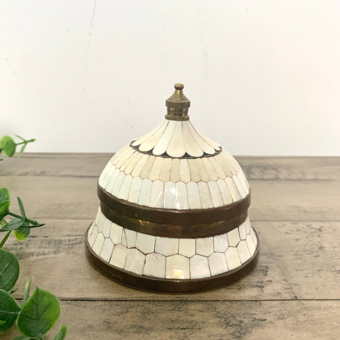 Vintage Inlaid Bone & Brass Domed Lidded Trinket Box Jewelry Storage Old Money