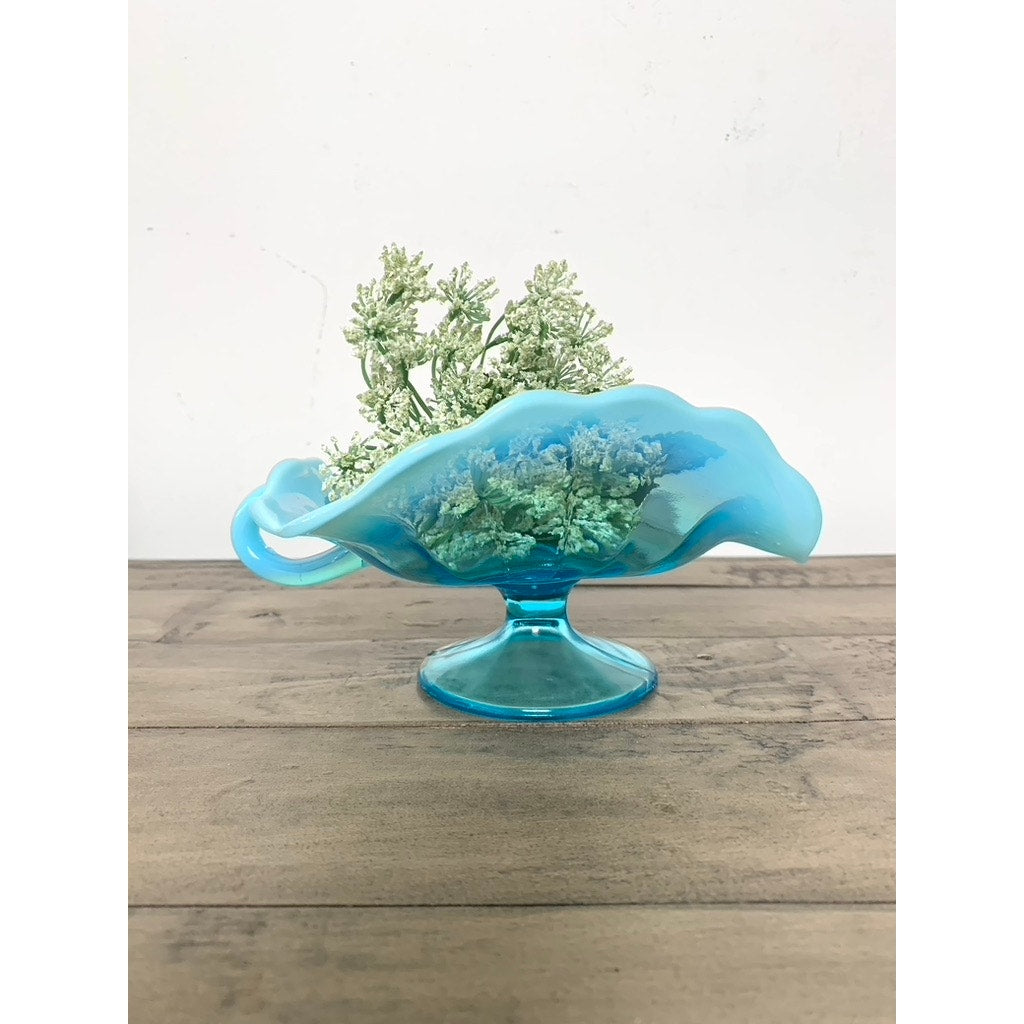 Vintage Dugan Opalescent Blue Glass Nappy Dish Aqua Pedestal Bowl Cottage Boho
