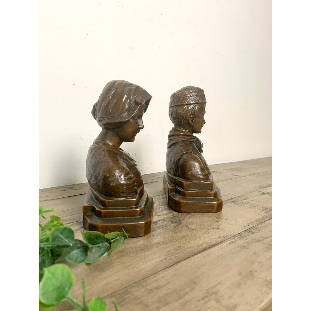 Antique Bronze Patina Dutch Couple Bookends – Folk Art Bust Pair