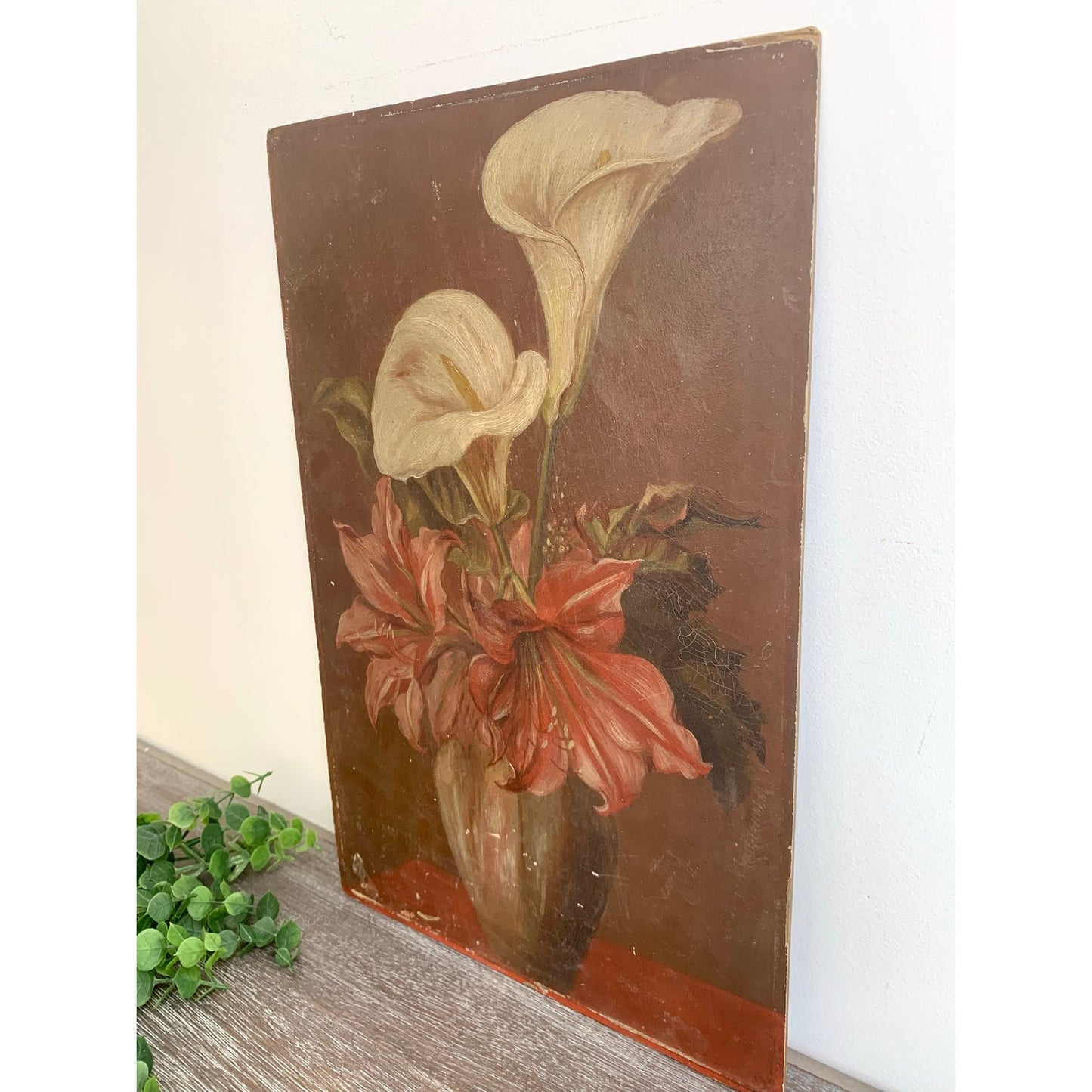 Antique Floral Still Life Oil Painting on Board – Red White Lilies 18” x 11.9” Vintage Art Romantic