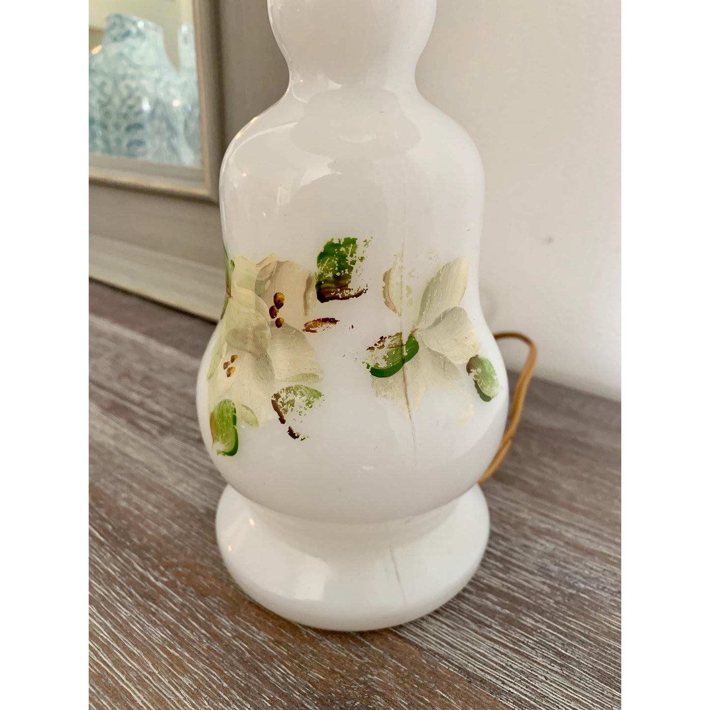 Vintage Hand-Painted Milk Glass Lamp with Pleated Shade