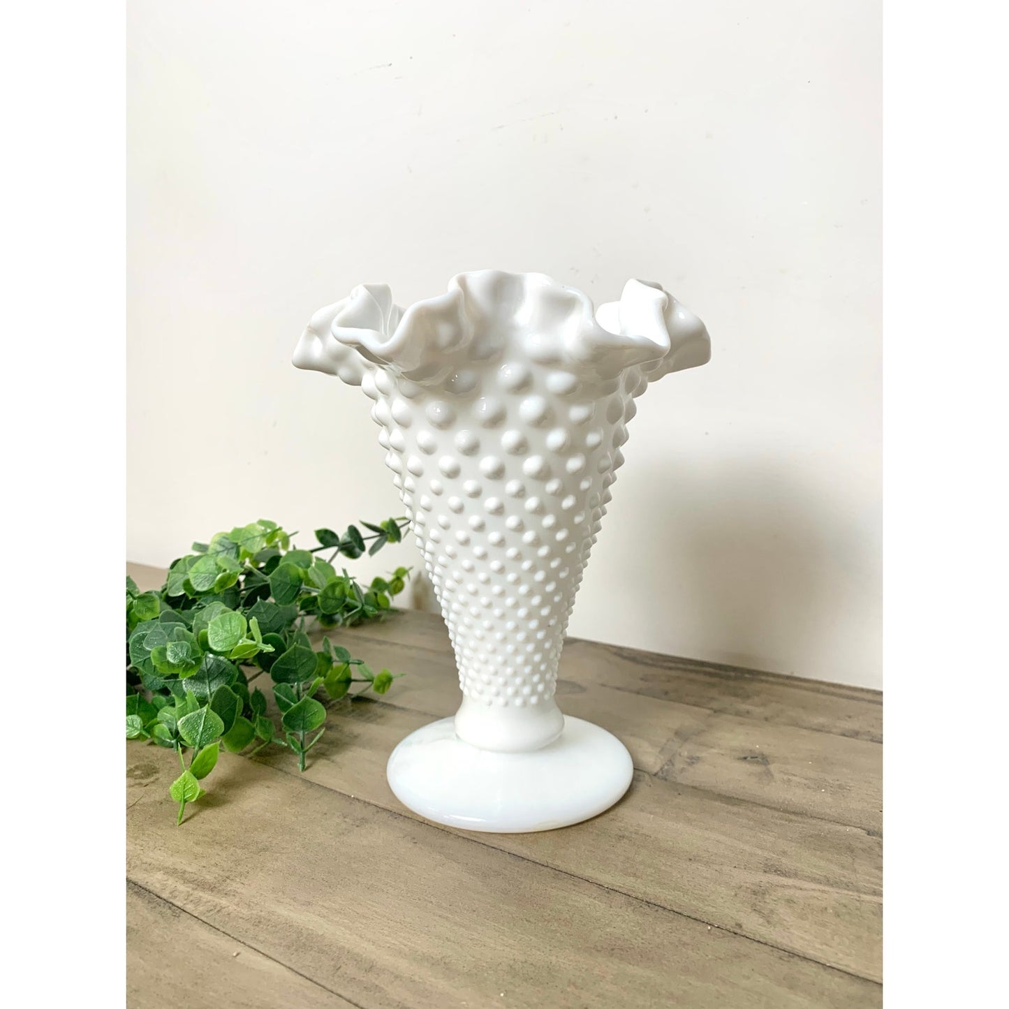 Vintage Fenton Hobnail Milk Glass Vase with Fluted Rim – White Pedestal Vase