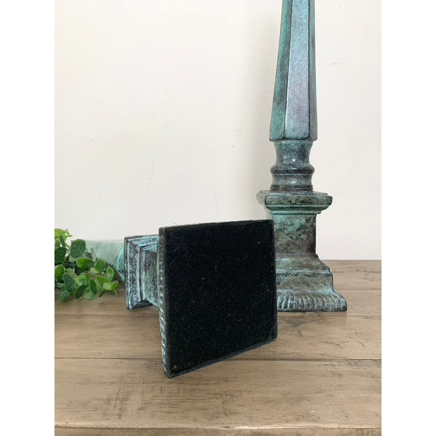 Verdigris Tall Metal Obelisk Finial Sculptures Pair Old Money Distressed 18.25 H