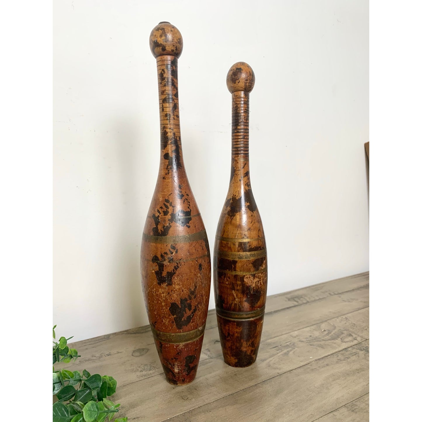 Antique Wooden Indian Clubs Rustic Decorative Skittles Pair Pins Old Money Aged