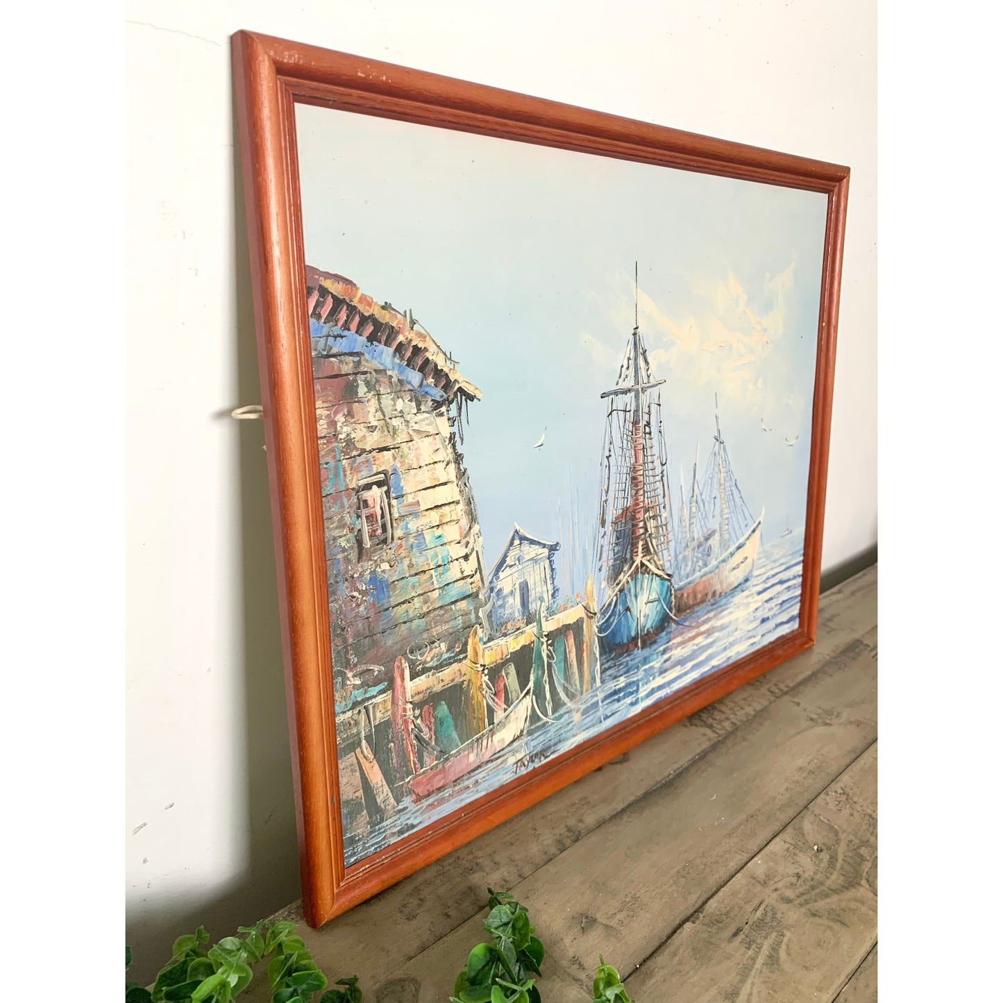 Vintage Oil Painting on Canvas Nautical Art Harbor with Boats Signed Seascape