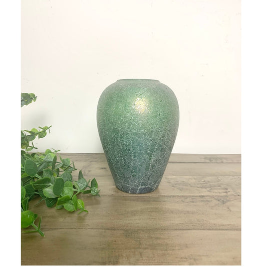 Vintage Silvestri Mouth Blown Green Crackle Iridescent Art Glass Vase 6.25 High