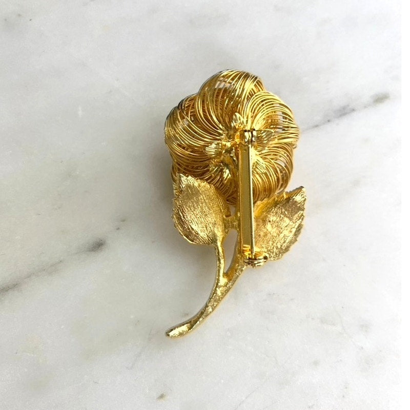 Vintage Goldtone Spun Wire Flower Brooch Faux Pearl Center Retro Statement Pin