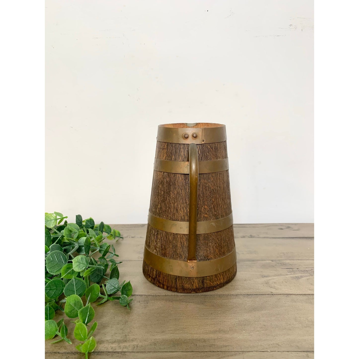 Antique Staved Wood Pitcher Copper Bands Handle Rustic Jug Vase Farmhouse