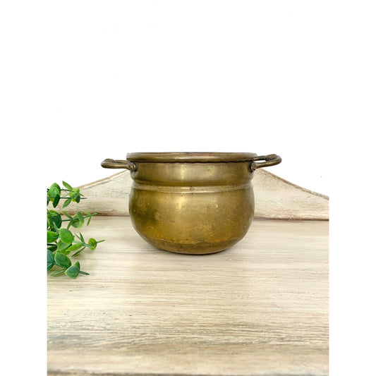 Vintage Brass Cache Pot Planter Two Handle Jardiniere Bowl Old Money Rustic Cottagecore