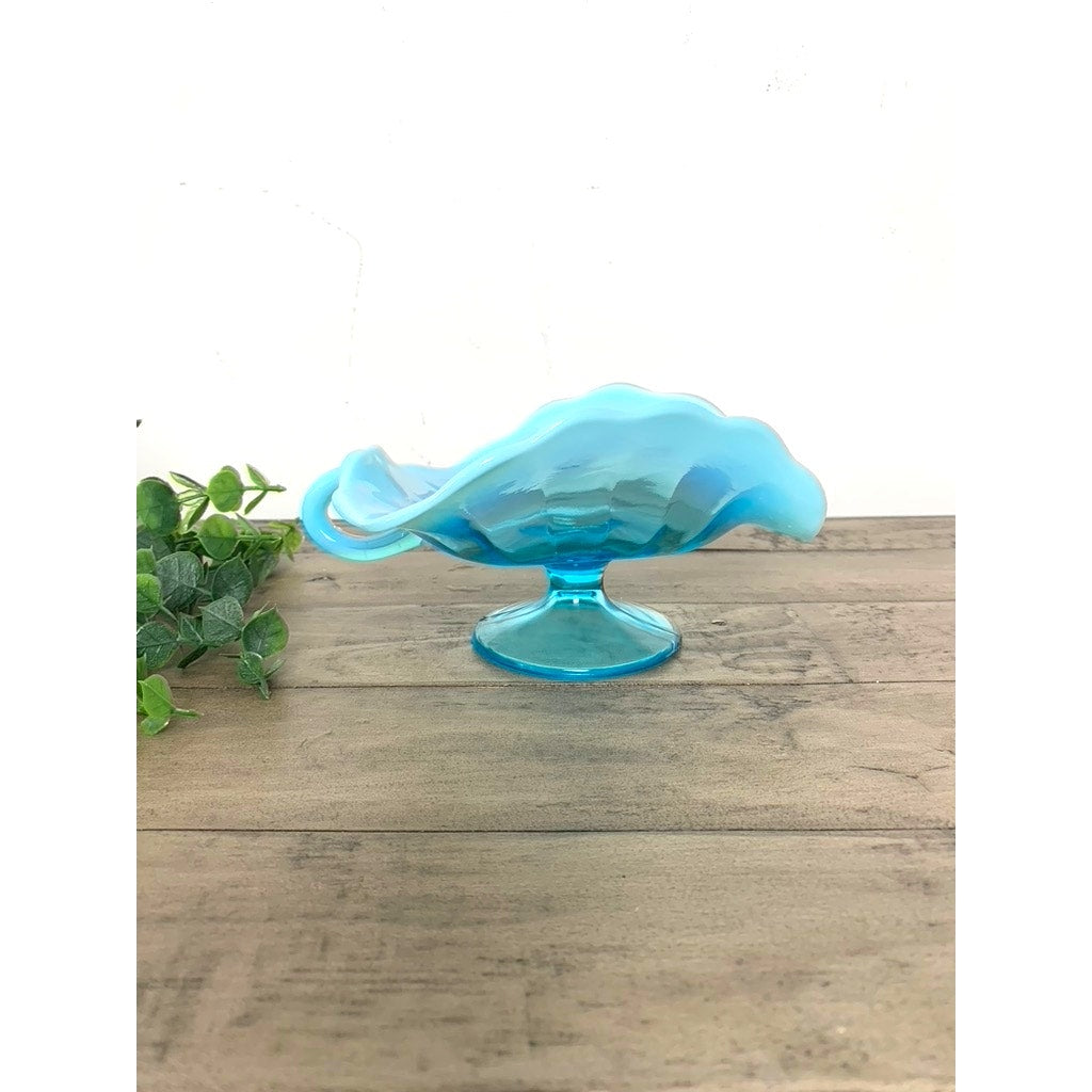 Vintage Dugan Opalescent Blue Glass Nappy Dish Aqua Pedestal Bowl Cottage Boho