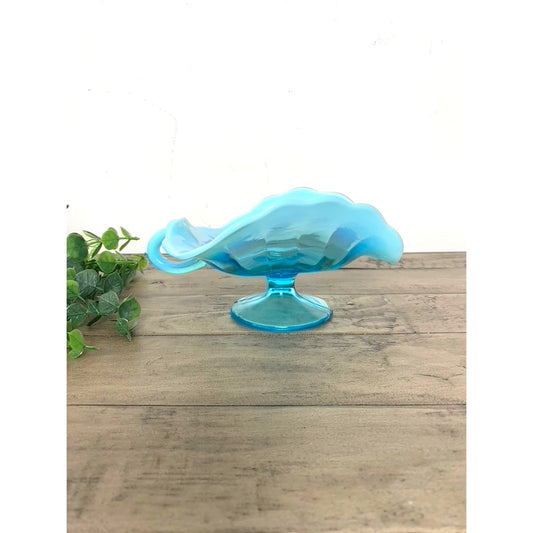 Vintage Dugan Opalescent Blue Glass Nappy Dish Aqua Pedestal Bowl Cottage Boho