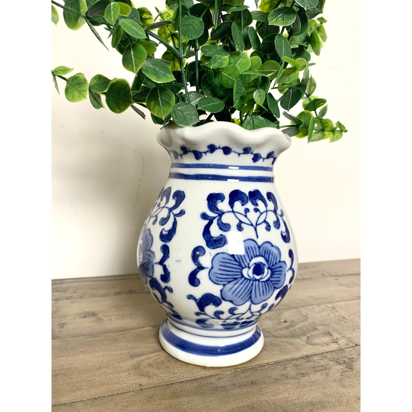 Vintage Blue and White Porcelain Ginger Jar with Lid Chinoiserie Ceramic Cottage