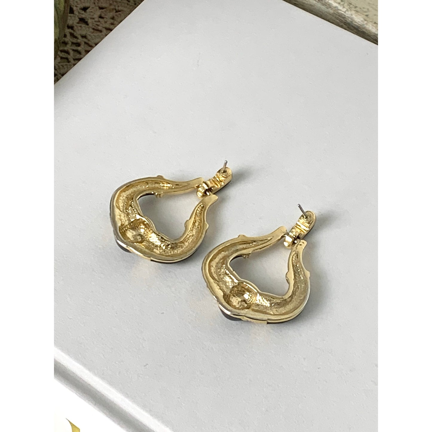 Vintage Black Enamel Rhinestone Goldtone Doorknocker Earrings Pierced Statement Glam