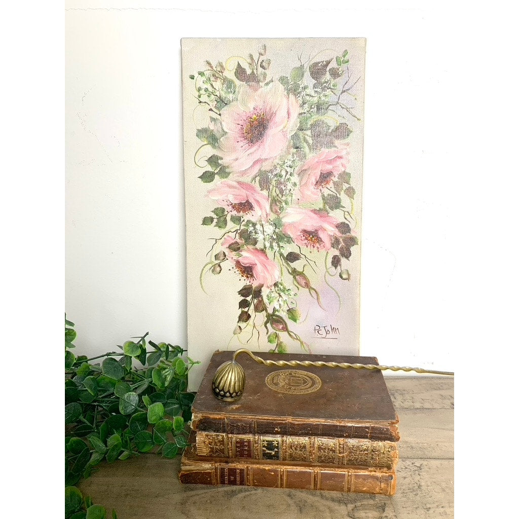 Vintage Floral Oil Painting on Canvas Signed by P. John, 16x8, Pink Floral