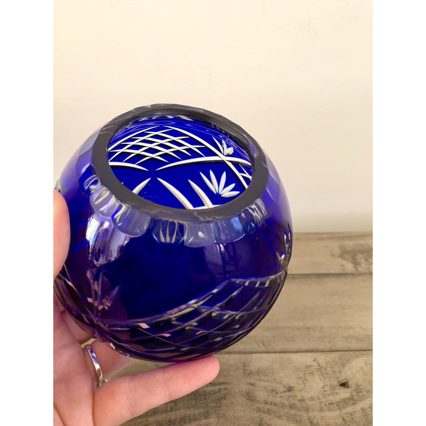 Vintage Cobalt Blue Cut to Clear Crystal Candle Votive Vase