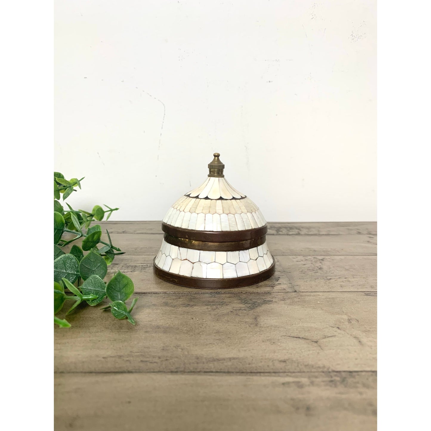 Vintage Inlaid Bone & Brass Domed Lidded Trinket Box Jewelry Storage Old Money