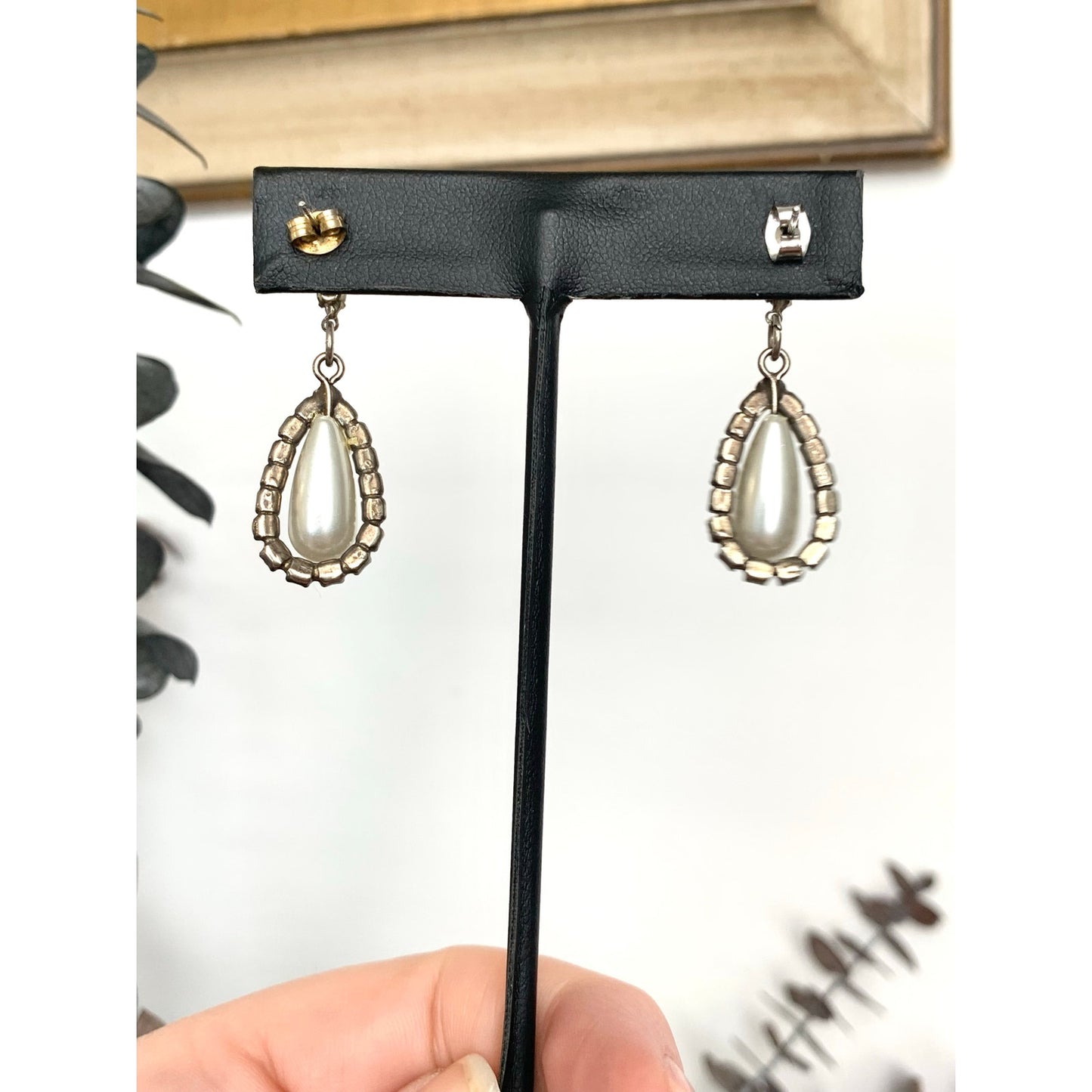 Vintage Art Deco Rhinestone Faux Pearl Drop Earrings Teardrop Bridal Dangle Post Back