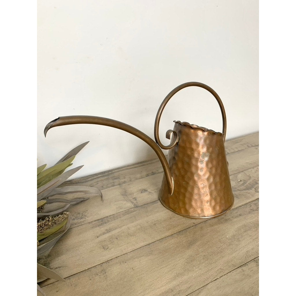 Vintage Hammered Copper Watering Can with Curved Handle and Long Spout Vase