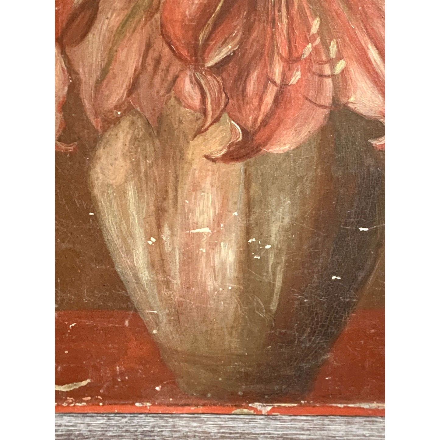 Antique Floral Still Life Oil Painting on Board – Red White Lilies 18” x 11.9” Vintage Art Romantic