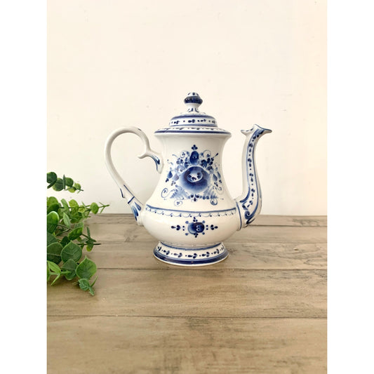 Vintage Blue & White Porcelain Teapot Floral Lidded Ceramic Marked Cottagecore