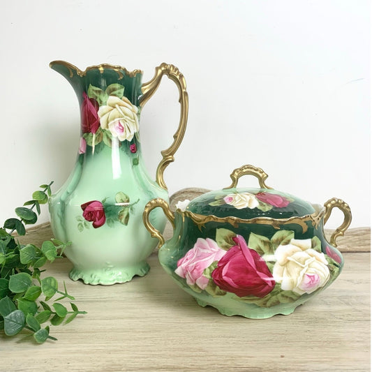 Antique Royal Munich Bavarian Hand Painted Rose Pitcher Ewer Covered Tureen Set