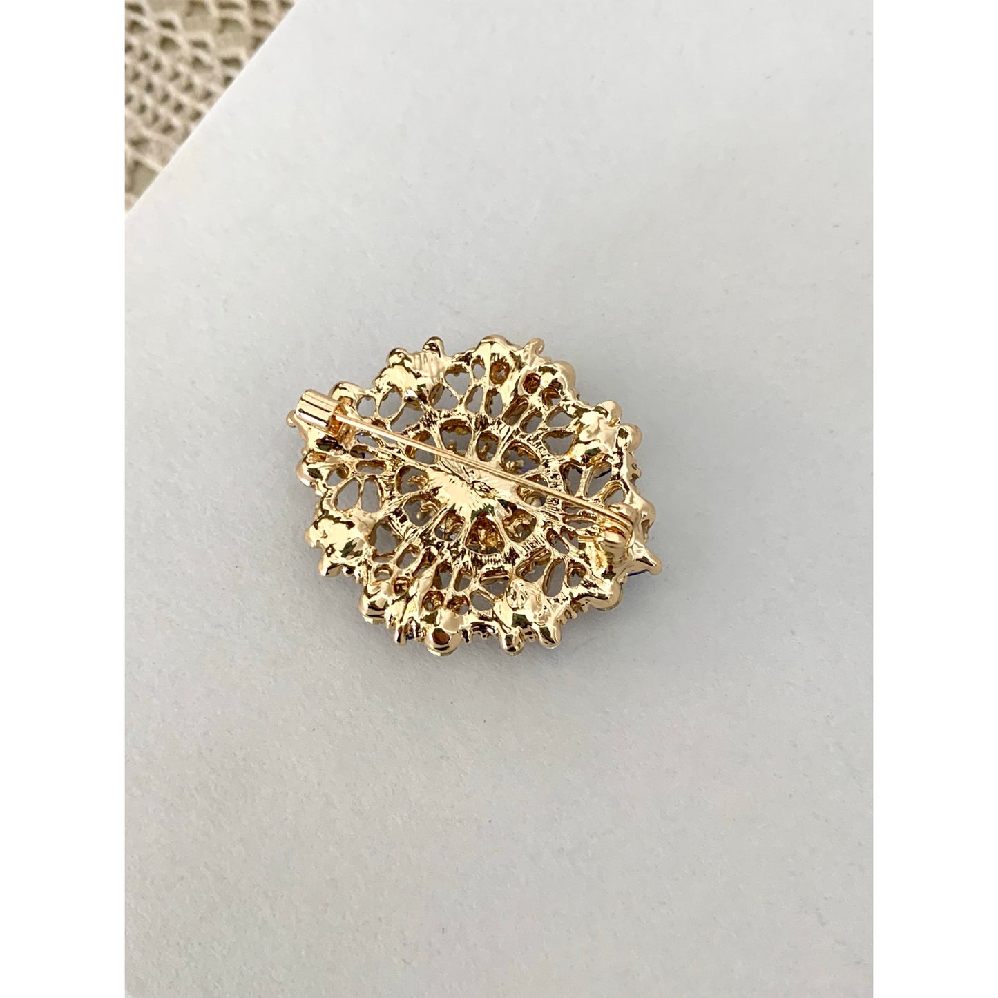 Blue Glass Rhinestone Statement Brooch Goldtone Clear Accents Romantic Vintage Style