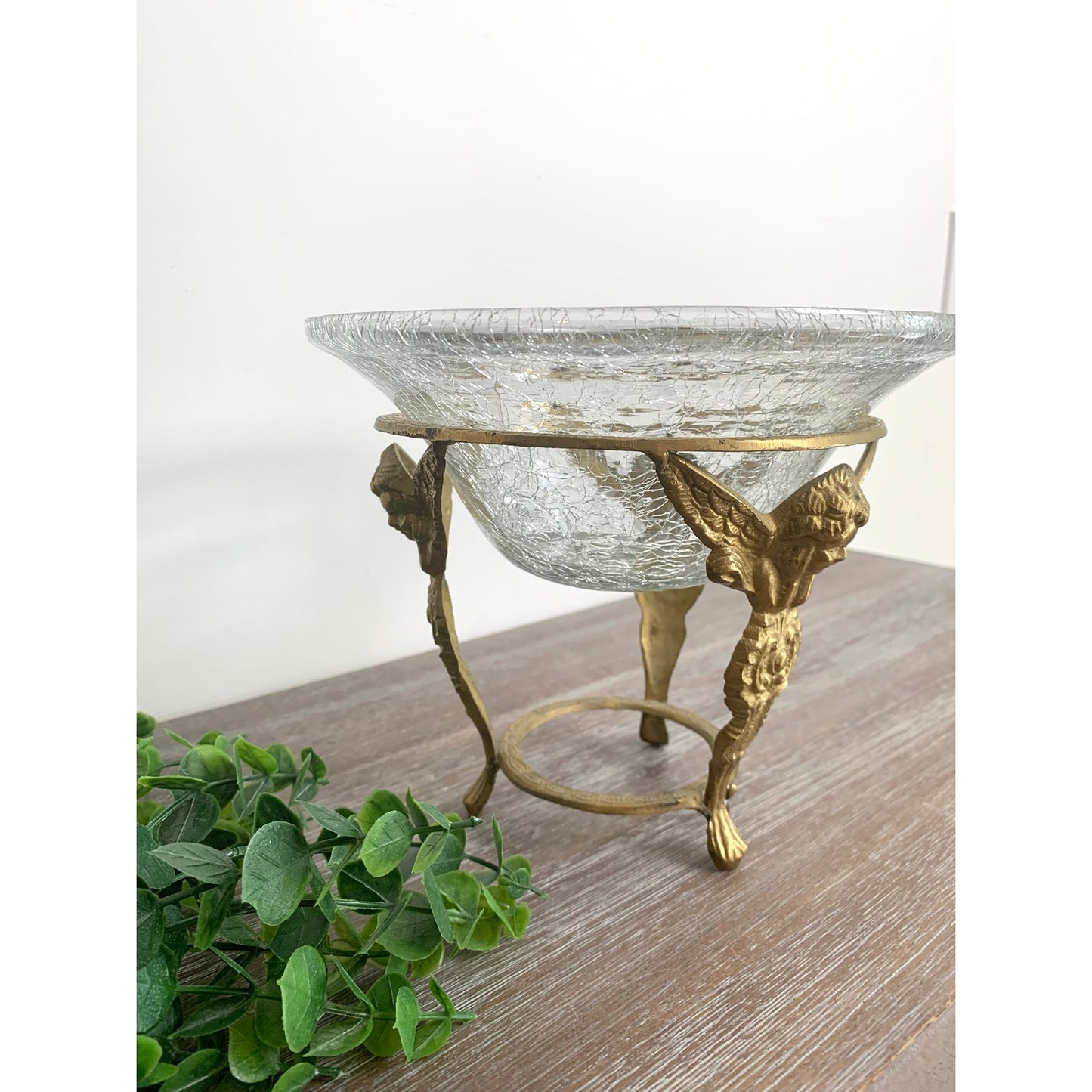 Vintage Brass Pedestal with Crackle Glass Bowl Angel Cherub Candle Votive Vase